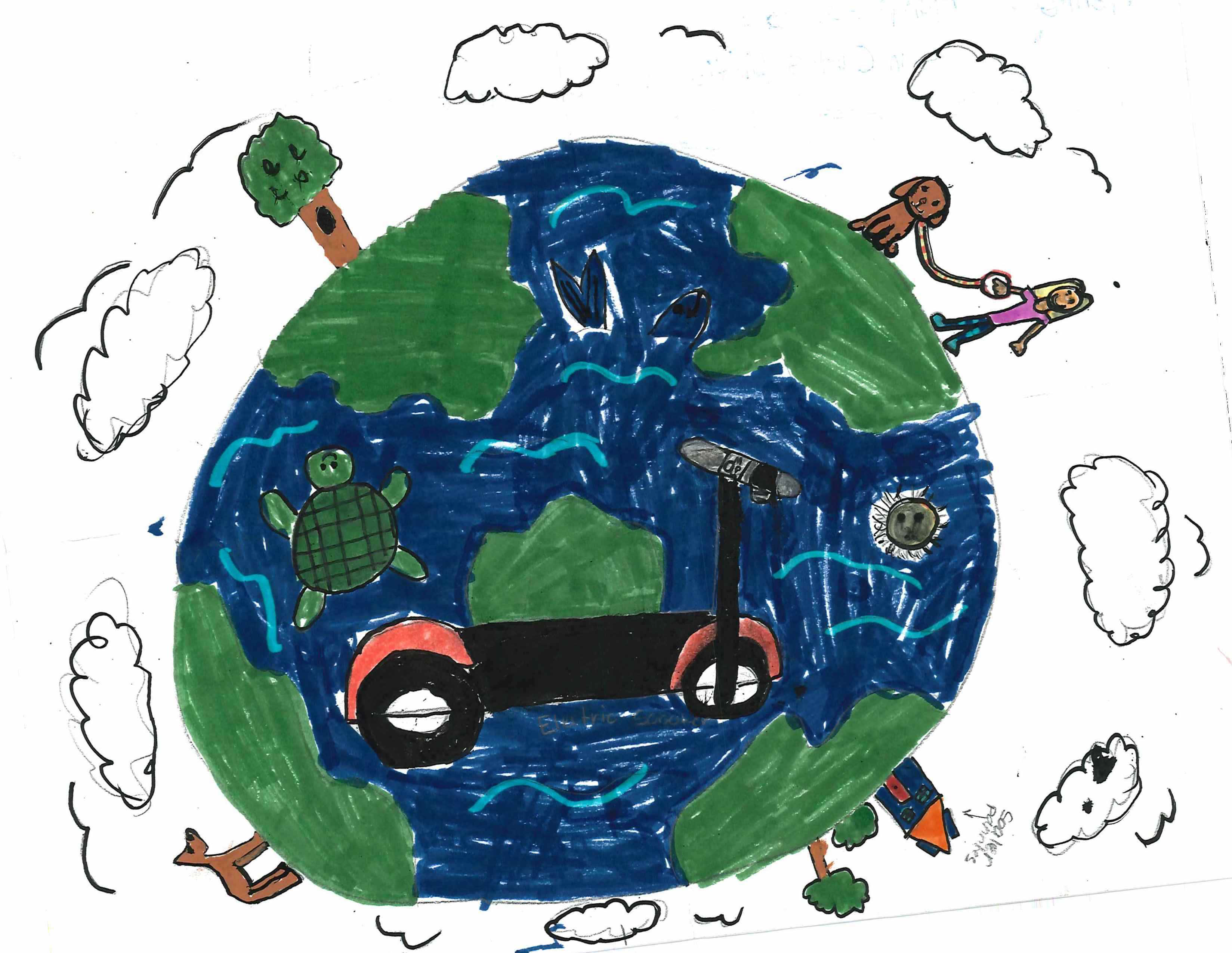 A drawing of earth with people, a house, a dog, a tree, on the perimeter, and a scooter and turtle in the middle. Clouds surround the earth